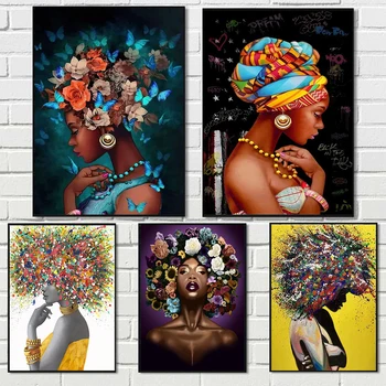 Absztrakt Vászon Festmény Nők Virágot, majd Kendővel a fejükön Portré Poszterek, Nyomatok Wall Art Nappali lakberendezés