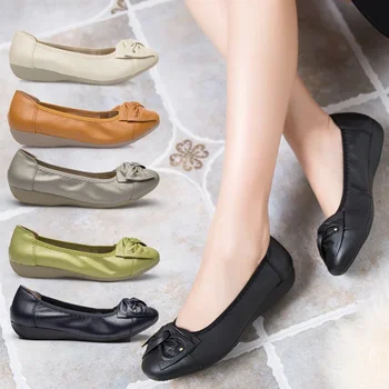 Forrás gyártó új bőr bean cipő női sekély, lapos női egyetlen cipő alkalmi anya cipő nagy méret, munka cipő