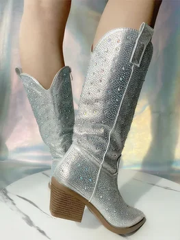 Luxus Női Nyugat-Közép-magas szárú cipő 2024 Új Őszi Divat Strasszos Fényes, Hegyes Toe Cipzár Szexi Magas Sarkú Nő Tervező